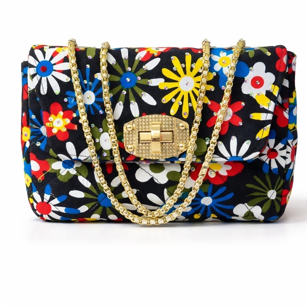 Floral Pattern Black Chain Shoulder Bag